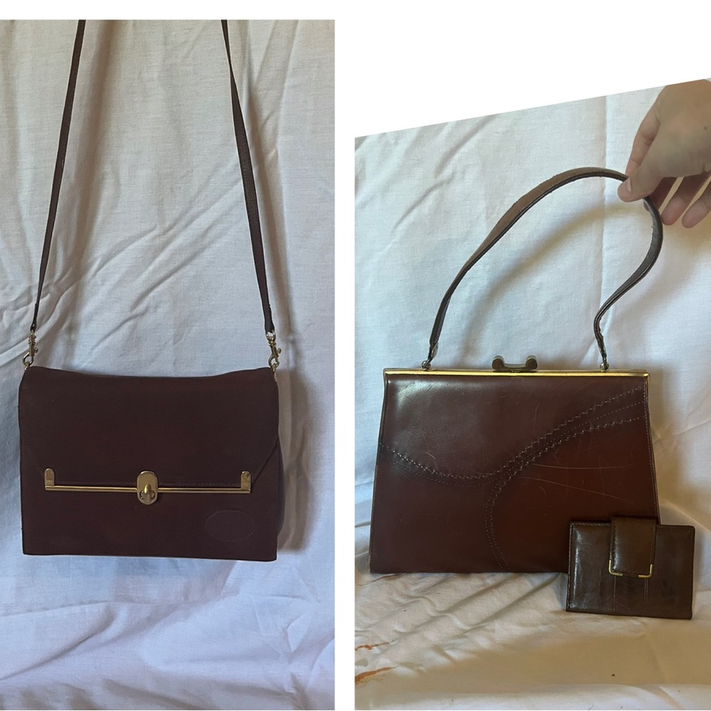 Two Brown Leather Handbag with Brown Wallet